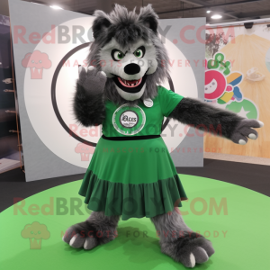 Forest Green Werewolf mascot costume character dressed with a Circle Skirt and Hair clips