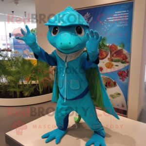 Turquoise Lizard mascot costume character dressed with a Raincoat and Cummerbunds
