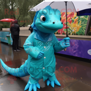 Turquoise Lizard mascot costume character dressed with a Raincoat and Cummerbunds