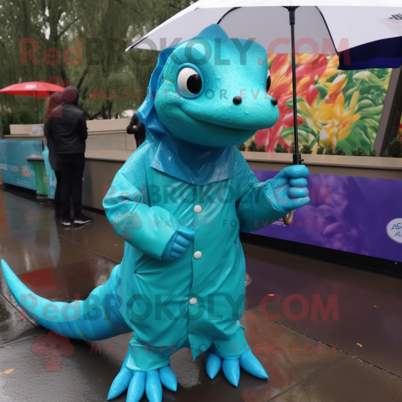 Turquoise Lizard mascot costume character dressed with a Raincoat and Cummerbunds Turquoise Lizard mascot costume character dressed with a Raincoat and Cummerbunds