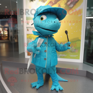 Turquoise Lizard mascot costume character dressed with a Raincoat and Cummerbunds