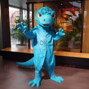 Turquoise Lizard mascot costume character dressed with a Raincoat and Cummerbunds