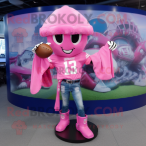 Pink American Football Helmet mascot costume character dressed with a Flare Jeans and Shawl pins