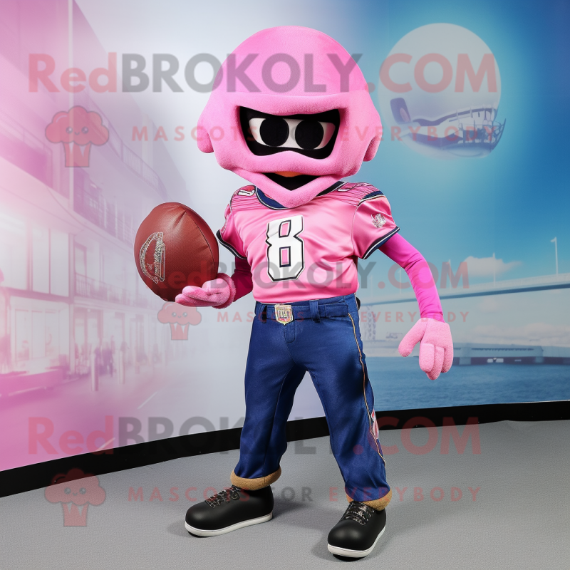 Pink American Football Helmet mascot costume character dressed with a Flare Jeans and Shawl pins