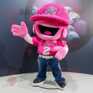 Pink American Football Helmet mascot costume character dressed with a Flare Jeans and Shawl pins