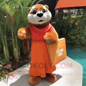 Orange Otter mascot costume character dressed with a Maxi Skirt and Clutch bags