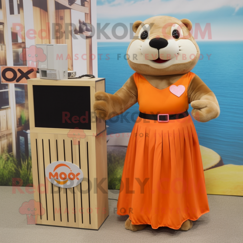 Orange Otter mascot costume character dressed with a Maxi Skirt and Clutch bags