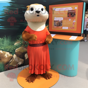 Orange Otter mascot costume character dressed with a Maxi Skirt and Clutch bags