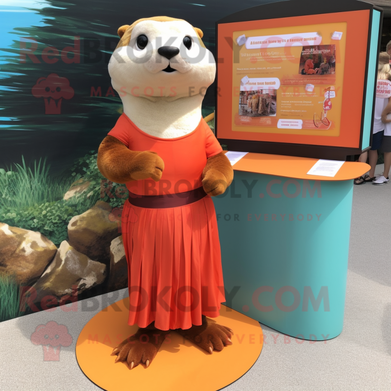 Orange Otter mascot costume character dressed with a Maxi Skirt and Clutch bags Orange Otter mascot costume character dressed with a Maxi Skirt and Clutch bags