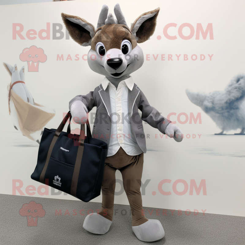 Gray Roe Deer mascot costume character dressed with a Suit Jacket and Tote bags Gray Roe Deer mascot costume character dressed with a Suit Jacket and Tote bags