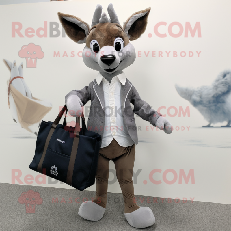 Gray Roe Deer mascot costume character dressed with a Suit Jacket and Tote bags