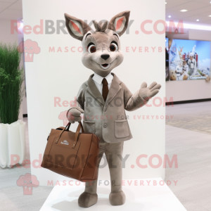 Gray Roe Deer mascot costume character dressed with a Suit Jacket and Tote bags