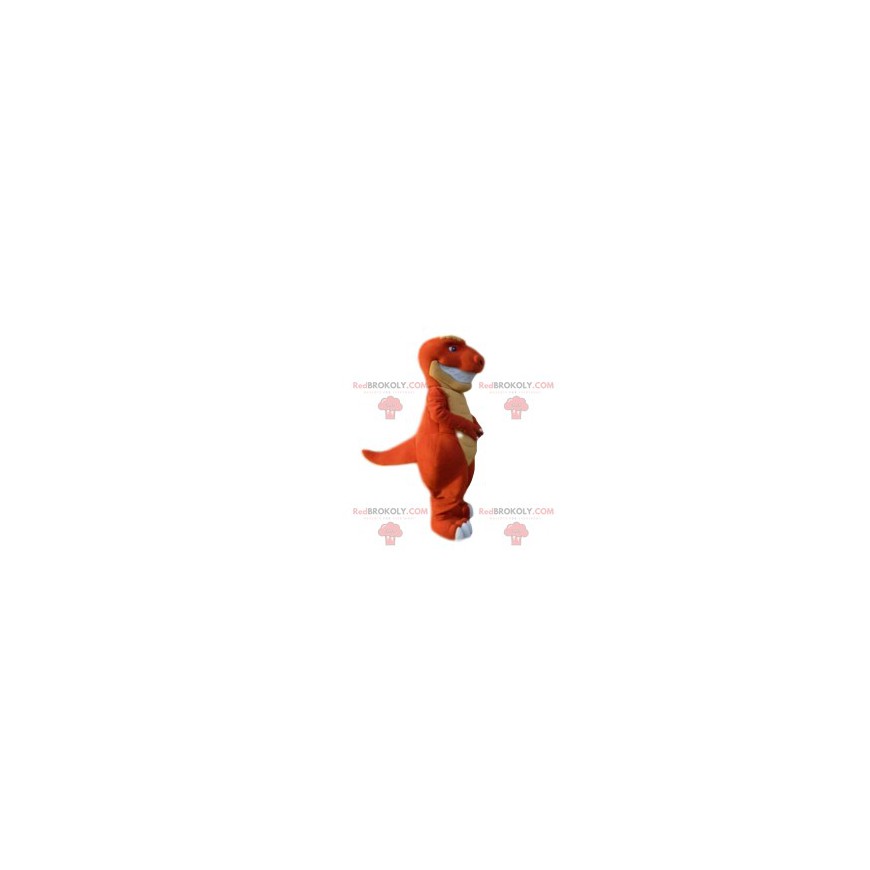 Orange and yellow dinosaur mascot. Dinosaur costume -