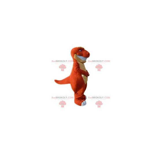 Mascote de dinossauro laranja e amarelo. Fantasia de dinossauro