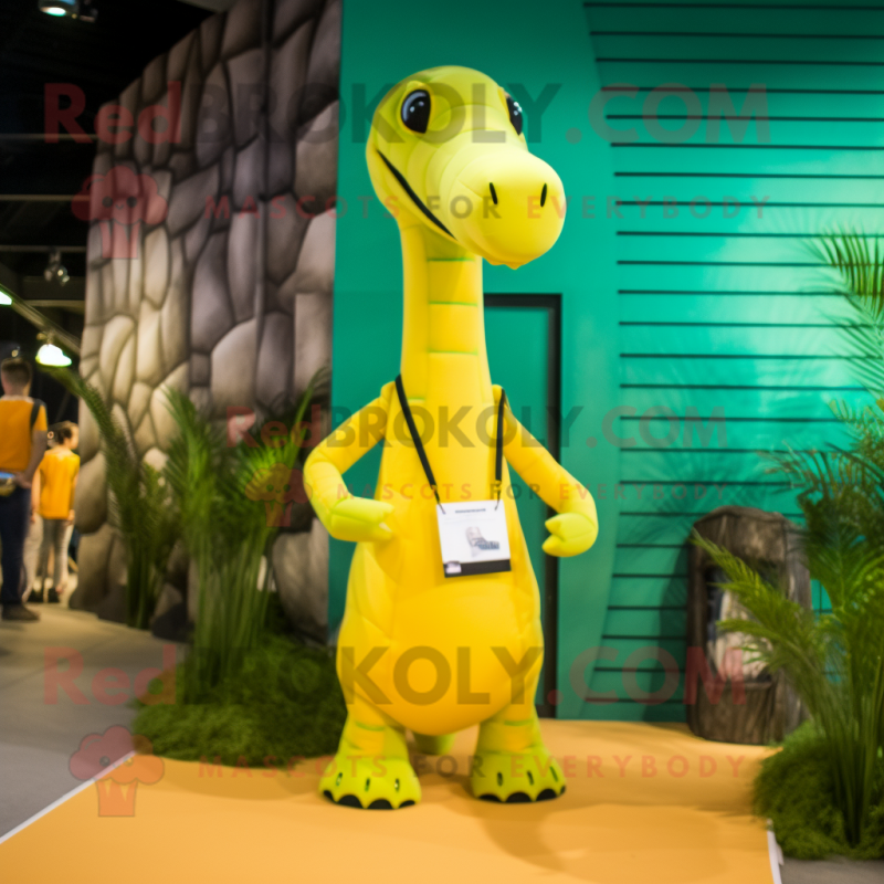 Lemon Yellow Brachiosaurus mascot costume character dressed with a Bikini and Backpacks