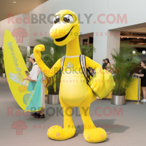 Lemon Yellow Brachiosaurus mascot costume character dressed with a Bikini and Backpacks