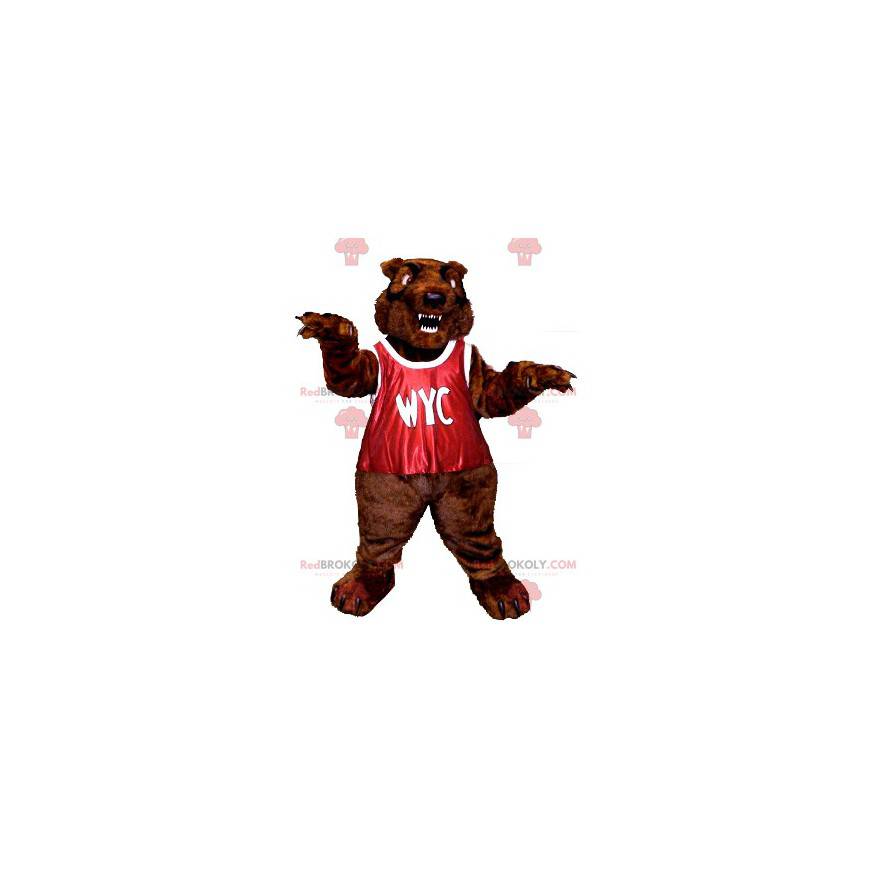 Mascotte d'ours marron rugissant avec un dossard rouge -