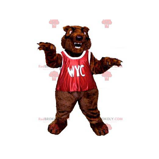 Mascotte d'ours marron rugissant avec un dossard rouge -