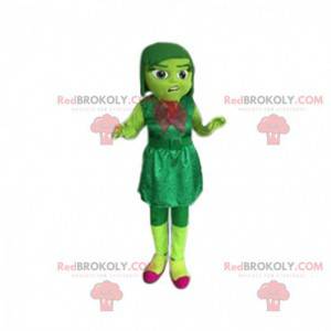 Klein groen meisje mascotte met een fluwelen jurk. -