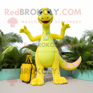 Lemon Yellow Brachiosaurus mascot costume character dressed with a Bikini and Backpacks