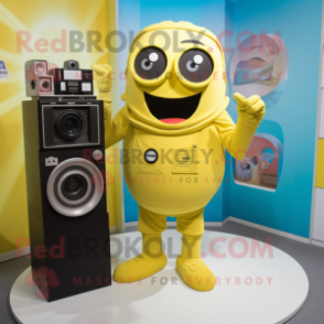 Yellow Camera mascot costume character dressed with a Romper and Ties