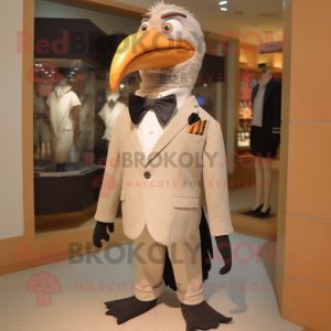 Beige Crow mascot costume character dressed with a Suit Jacket and Bow ties