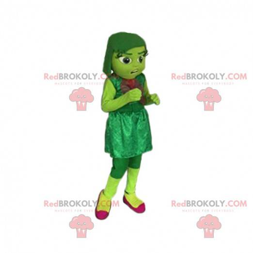 Klein groen meisje mascotte met een fluwelen jurk. -