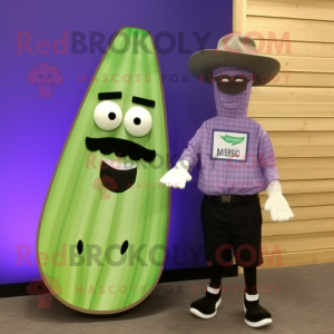 Lavender Cucumber mascot costume character dressed with a Board Shorts and Suspenders