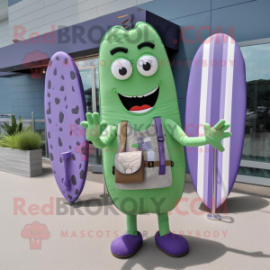 Lavender Cucumber mascot costume character dressed with a Board Shorts and Suspenders