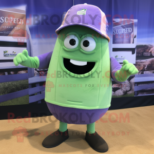 Lavender Cucumber mascot costume character dressed with a Board Shorts and Suspenders