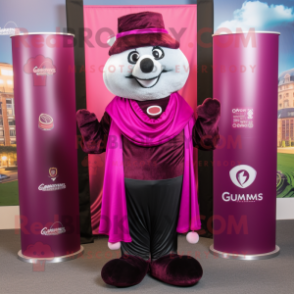 Magenta Guinness mascot costume character dressed with a Suit Jacket and Scarves