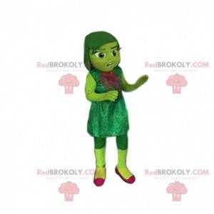 Maskotka mała zielona dziewczynka z aksamitną sukienką. -