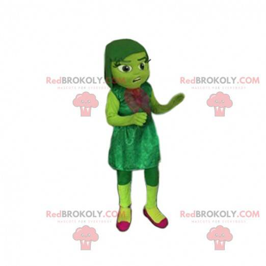 Liten grön flicka för maskot med en sammetklänning. -