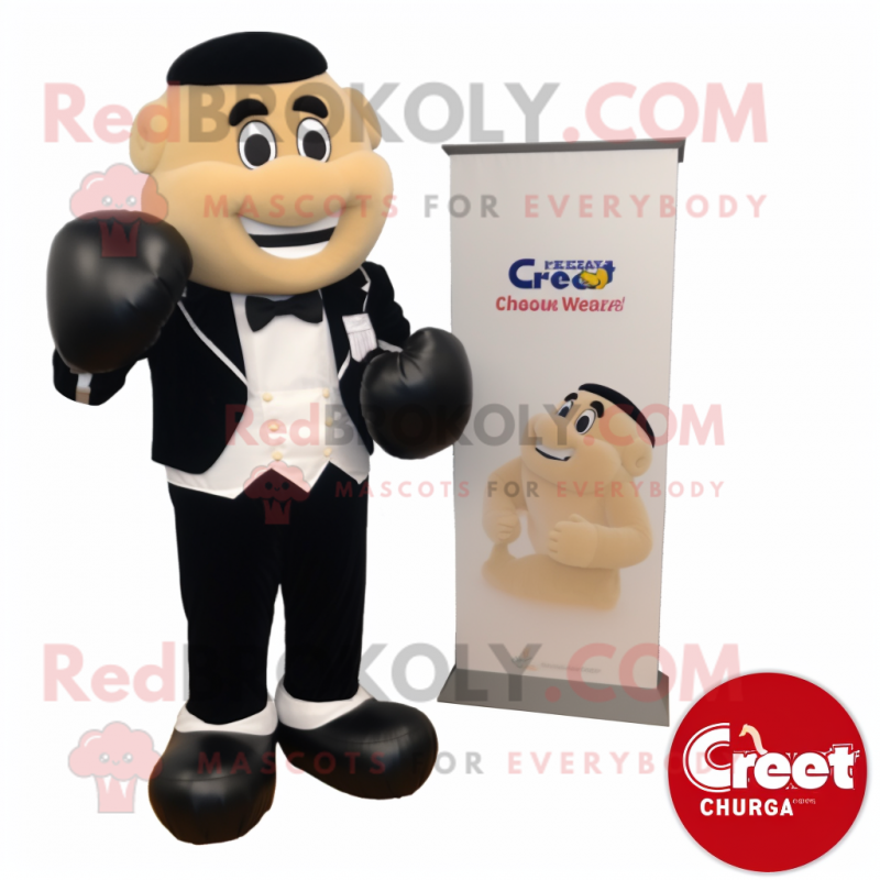 Cream Boxing Glove mascot costume character dressed with a Tuxedo and Watches Cream Boxing Glove mascot costume character dressed with a Tuxedo and Watches