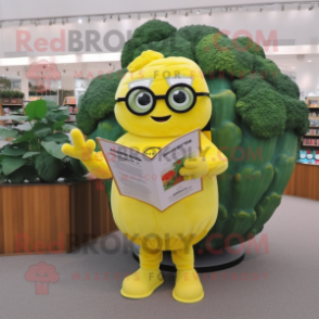 Lemon Yellow Broccoli mascot costume character dressed with a Bodysuit and Reading glasses