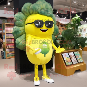 Lemon Yellow Broccoli mascot costume character dressed with a Bodysuit and Reading glasses