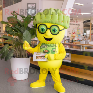 Lemon Yellow Broccoli mascot costume character dressed with a Bodysuit and Reading glasses