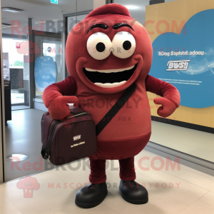 Maroon Donut mascot costume character dressed with a Hoodie and Briefcases