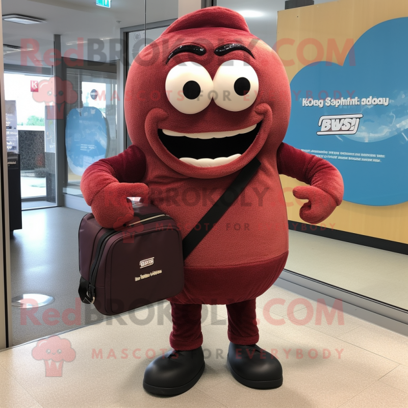 Maroon Donut mascot costume character dressed with a Hoodie and Briefcases