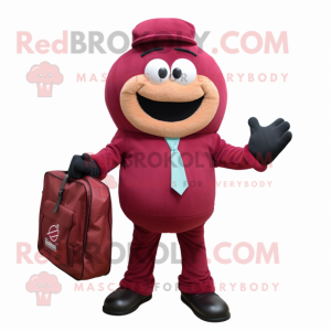 Maroon Donut mascot costume character dressed with a Hoodie and Briefcases
