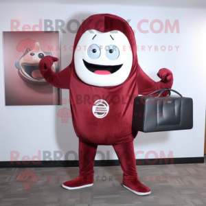 Maroon Donut mascot costume character dressed with a Hoodie and Briefcases