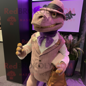 Lavender T Rex mascot costume character dressed with a Waistcoat and Coin purses