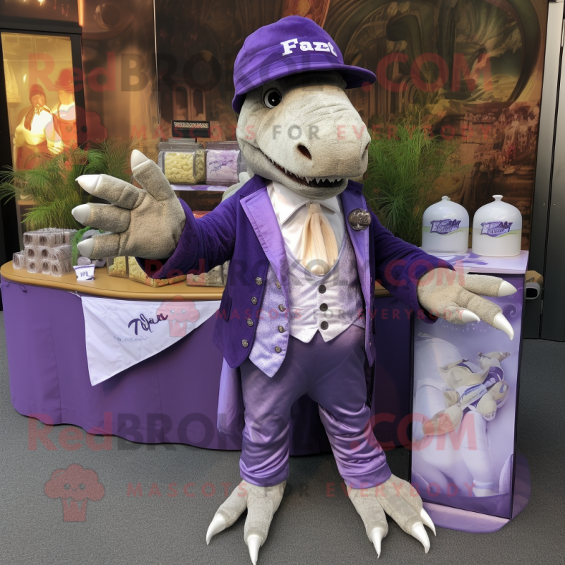 Lavender T Rex mascot costume character dressed with a Waistcoat and Coin purses Lavender T Rex mascot costume character dressed with a Waistcoat and Coin purses