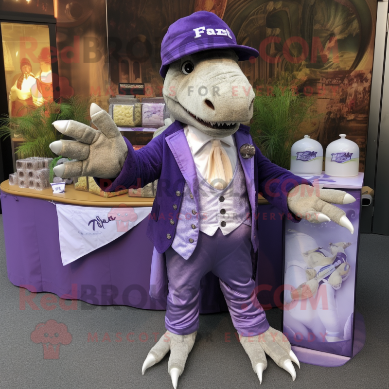 Lavender T Rex mascot costume character dressed with a Waistcoat and Coin purses