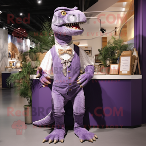Lavender T Rex mascot costume character dressed with a Waistcoat and Coin purses