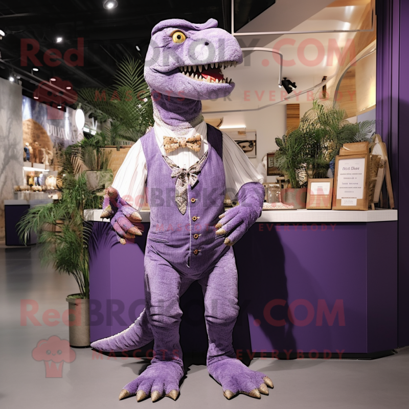 Lavender T Rex mascot costume character dressed with a Waistcoat and Coin purses Lavender T Rex mascot costume character dressed with a Waistcoat and Coin purses