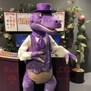 Lavender T Rex mascot costume character dressed with a Waistcoat and Coin purses