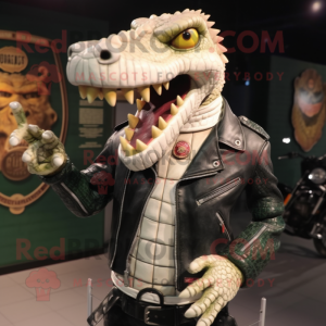 Cream Crocodile mascot costume character dressed with a Biker Jacket and Hairpins