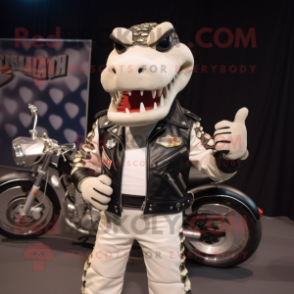 Cream Crocodile mascot costume character dressed with a Biker Jacket and Hairpins