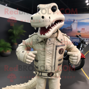 Cream Crocodile mascot costume character dressed with a Biker Jacket and Hairpins